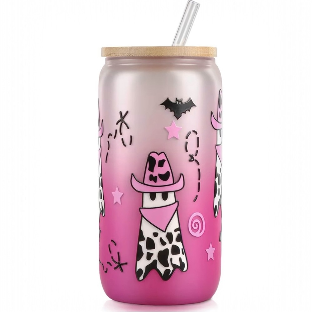 Pink Cowboy Ghost Glass Tumbler with Straw
